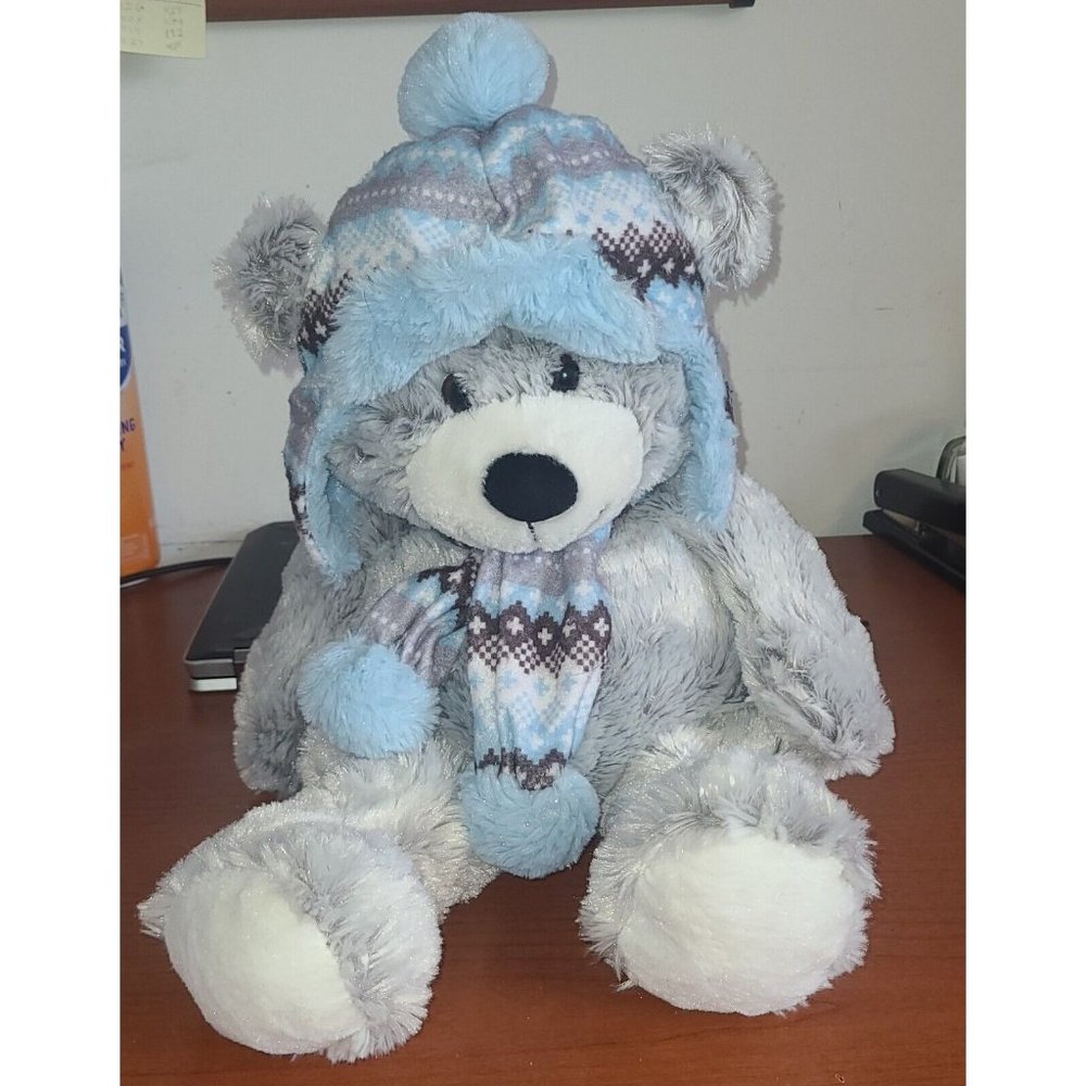 HUG FUN GREY TEDDY BEAR With SCARF AND HAT 16 INCH Winter Christmas